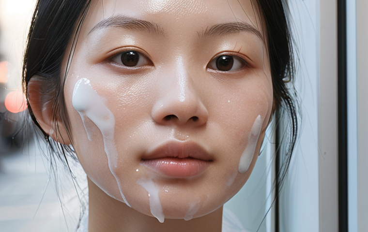 **

Prompt: Close-up of a woman's face in a polluted urban environment. Focus on skincare products labeled "Ceramide" and "Niacinamide," highlighting their role in strengthening the skin barrier. Gentle, soft lighting, emphasizing hydration and protection. Japanese skincare aesthetic, clean and modern.

**