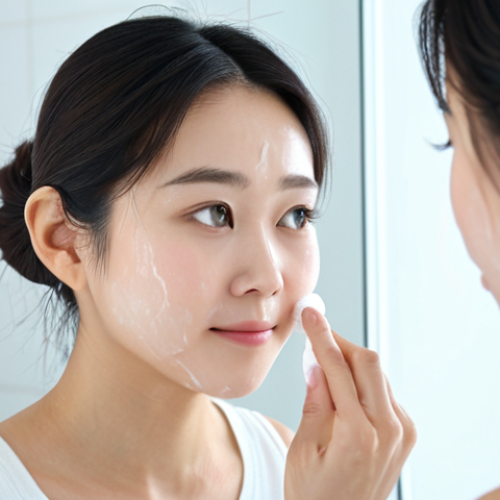 A Woman Applying Toner**

A young Japanese woman with clear skin, gently applying toner to her face with a cotton pad in a bright, minimalist bathroom. She's wearing a casual, modest top. Soft, diffused lighting. Focus on skincare routine and healthy complexion. Safe for work, appropriate content, fully clothed, professional skincare advertisement, perfect anatomy, correct proportions, natural pose, well-formed hands, proper finger count, natural body proportions.

**