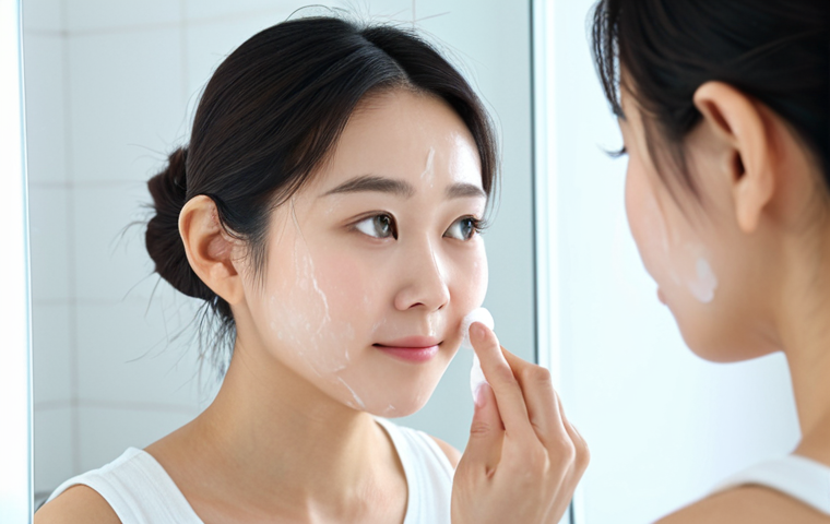 A Woman Applying Toner**

A young Japanese woman with clear skin, gently applying toner to her face with a cotton pad in a bright, minimalist bathroom. She's wearing a casual, modest top. Soft, diffused lighting. Focus on skincare routine and healthy complexion. Safe for work, appropriate content, fully clothed, professional skincare advertisement, perfect anatomy, correct proportions, natural pose, well-formed hands, proper finger count, natural body proportions.

**