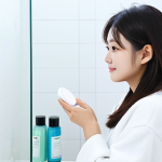 **Prompt:** A young Japanese woman with clear skin, fully clothed in casual and modest attire, examining different types of skincare products (like gentle cleansers and moisturizers) in a brightly lit, clean bathroom. Background: minimalist design with a focus on cleanliness. safe for work, appropriate content, professional, perfect anatomy, natural proportions, high quality.
