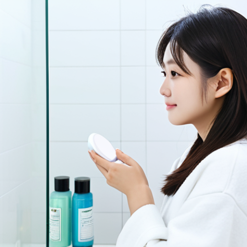 **Prompt:** A young Japanese woman with clear skin, fully clothed in casual and modest attire, examining different types of skincare products (like gentle cleansers and moisturizers) in a brightly lit, clean bathroom. Background: minimalist design with a focus on cleanliness. safe for work, appropriate content, professional, perfect anatomy, natural proportions, high quality.