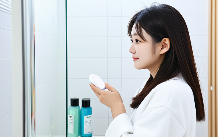 **Prompt:** A young Japanese woman with clear skin, fully clothed in casual and modest attire, examining different types of skincare products (like gentle cleansers and moisturizers) in a brightly lit, clean bathroom. Background: minimalist design with a focus on cleanliness. safe for work, appropriate content, professional, perfect anatomy, natural proportions, high quality.