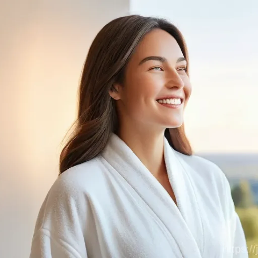 민감성 피부를 위한 약산성 샴푸 - A young woman in her late 20s to early 30s, with a serene and confident smile. She gently touches he...