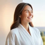 민감성 피부를 위한 약산성 샴푸 - A young woman in her late 20s to early 30s, with a serene and confident smile. She gently touches he...