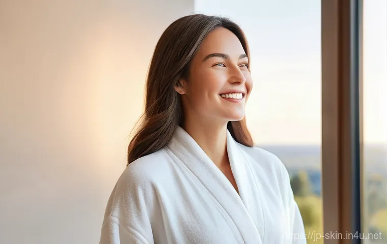 민감성 피부를 위한 약산성 샴푸 - A young woman in her late 20s to early 30s, with a serene and confident smile. She gently touches he...