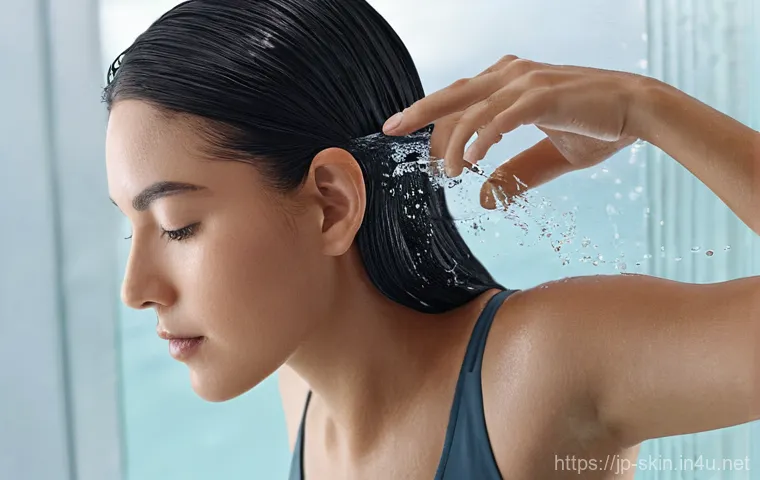 민감성 피부를 위한 약산성 샴푸 - A young woman in her late 20s to early 30s, with a serene and confident smile. She gently touches he...