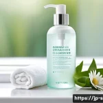 저자극 클렌징 워터 추천 - A serene and minimalist bathroom scene featuring a clear bottle of gentle cleansing water with a sof...
