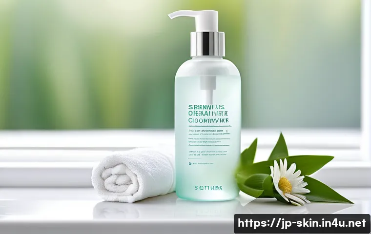 저자극 클렌징 워터 추천 - A serene and minimalist bathroom scene featuring a clear bottle of gentle cleansing water with a sof...