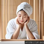 이중 세안 클렌징 팁 - A serene Japanese bathroom scene featuring a young woman with smooth, clear skin gently washing her ...