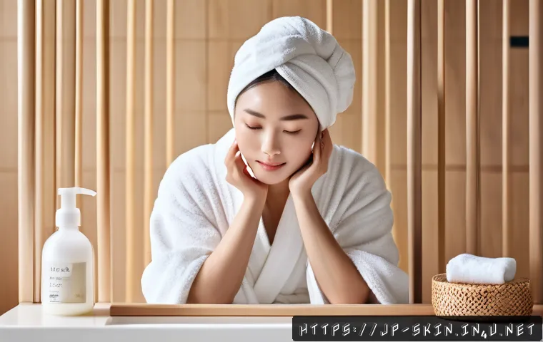 이중 세안 클렌징 팁 - A serene Japanese bathroom scene featuring a young woman with smooth, clear skin gently washing her ...