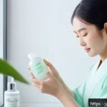 피부 pH 밸런스를 위한 토너 - A modern Japanese skincare scene featuring a young woman with smooth, hydrated skin applying toner w...
