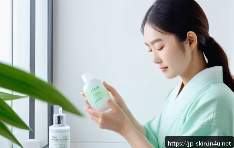 피부 pH 밸런스를 위한 토너 - A modern Japanese skincare scene featuring a young woman with smooth, hydrated skin applying toner w...