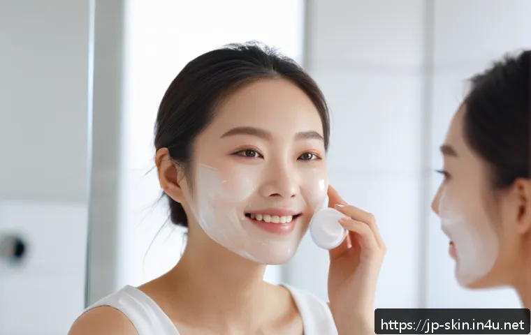 다기능 BB크림과 CC크림 비교 - A close-up portrait of a young Japanese woman applying creamy BB cream to her face in a bright, mode...