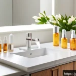 비타민C 세럼 효과와 추천 제품 - A serene, modern Japanese skincare vanity scene featuring a variety of vitamin C serums in sleek, ai...