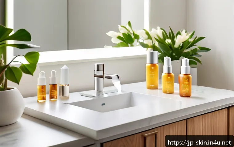 비타민C 세럼 효과와 추천 제품 - A serene, modern Japanese skincare vanity scene featuring a variety of vitamin C serums in sleek, ai...