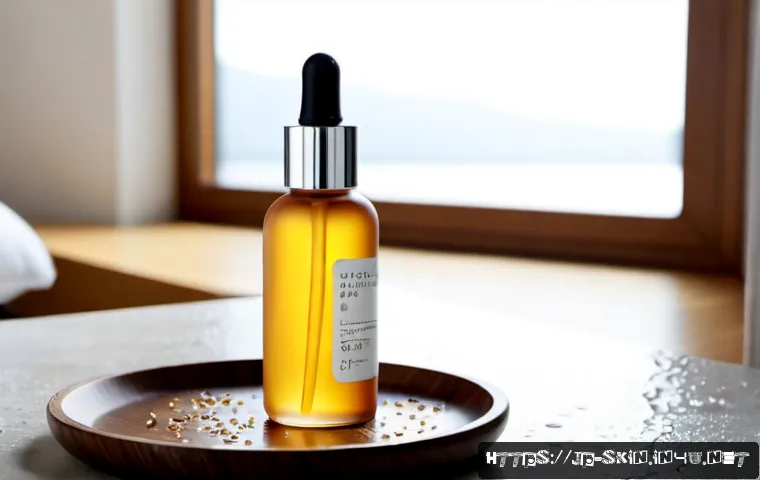더랩 바이블랑두 올리고 히알루론산 세럼 - Photorealistic luxury skincare still life, a frosted glass hyaluronic acid serum bottle with an unbr...