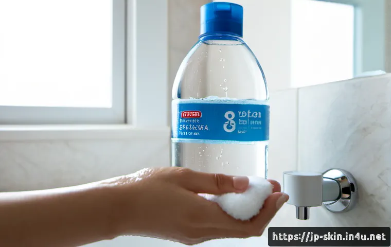 노폐물 제거용 클렌징 워터 추천 - Photorealistic close-up of a clear cleansing water bottle with a plain unbranded label beside soft w...