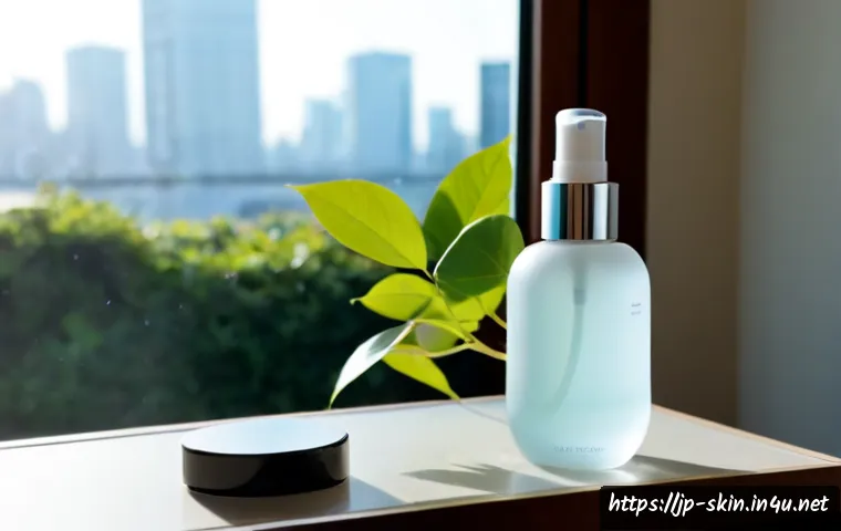 안티폴루션 스킨케어 제품 트렌드 - Photorealistic clean beauty still life showcasing anti-pollution skincare trends: unbranded frosted ...