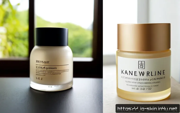 주름 개선 크림과 세럼 비교 - Photorealistic skincare comparison scene on a clean pale stone vanity, an elegant unbranded anti-wri...