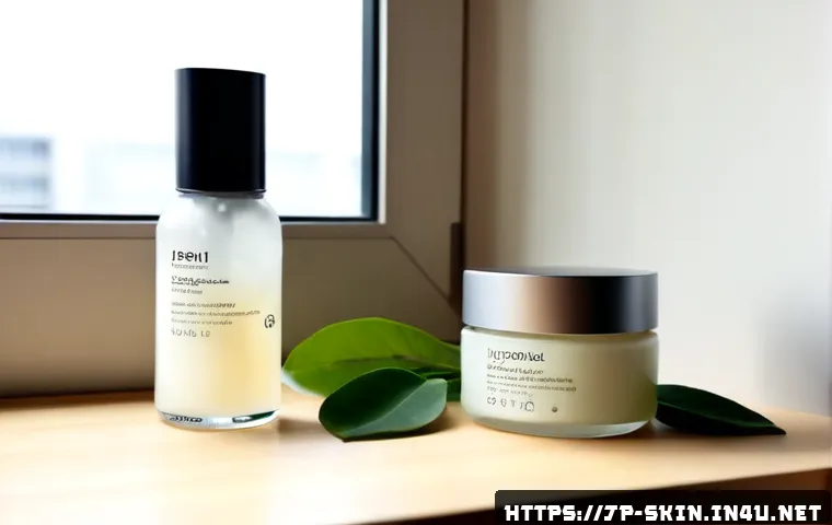 유산균 스킨케어 제품 추천 - Photorealistic beauty product comparison on a clean light-wood vanity, three elegant unbranded skinc...