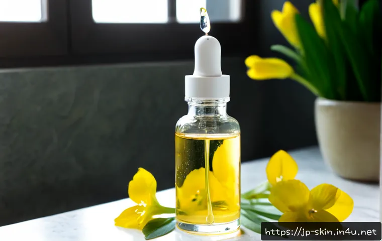 달맞이꽃 오일 세럼 효과 - Photorealistic skincare still life featuring a clear glass dropper bottle filled with golden evening...