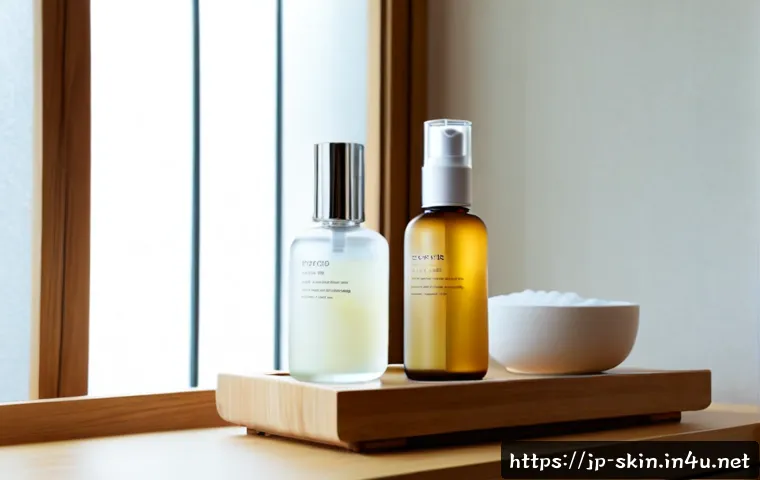 퍼스트 에센스와 세럼의 차이 - Photorealistic skincare comparison scene on a clean light wood vanity, two unlabeled frosted glass b...